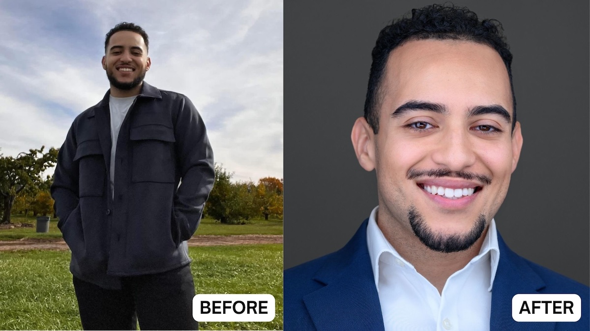 a before and after headshot of a male college student for linkedin profile