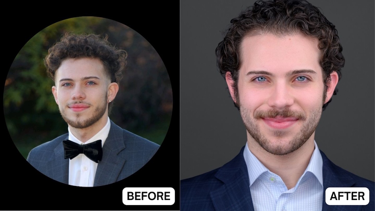 Linkedin before and after headshot of a male college student